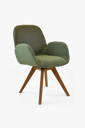 Tölgyfa forgatható karfás étkezőszék zöld szövet-bőr kárpittal